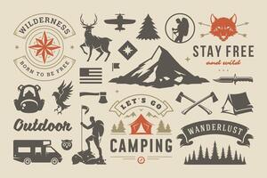 camping och utomhus- äventyr design element uppsättning, citat och ikoner illustration. vektor