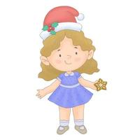 glückliches süßes Mädchen in Weihnachtsmann-Hut, das Weihnachtsplätzchen lächelt und hält vektor