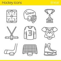 Eishockey lineare Symbole gesetzt. Eishockeyfeld, Helm, Puck und Stöcke, Hemd, Schulterpolster, Tor, Schlittschuh, Siegerpokal. dünne Linienkontursymbole. isolierte vektorillustrationen vektor