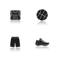 basket skugga svarta ikoner set. boll, sko, t-shirt, shorts. basketspelares uniform. isolerade vektorillustrationer vektor