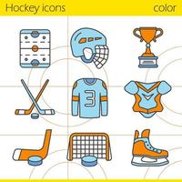 Hockey-Ausrüstung Farbsymbole gesetzt. Helm, Puck und Stöcke, Hemd, Schulterpolster, Tor, Schlittschuh, Siegerpokal, Hockeyfeld. isolierte vektorillustrationen vektor