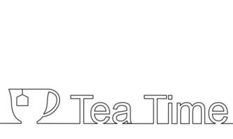 ein Strichzeichnungsstil einer Tasse Tee und Wortlaut Teezeit isoliert auf weißem Hintergrund. Es gibt einen Kopienraum für Ihren Text. vektor
