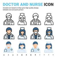 läkare och sjuksköterska med ansiktsmask linje ikoner isolerad på vit bakgrund. vektor illustration hälsoarbetare tecken symbol ikon koncept för sjukhus, sjukvård, klinik, industri, appar, webb och projekt