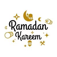 Ramadan Kareem-Vektorvorlage. Happy Eid Mubarak Typografie und Eid Al Fitr Schriftzug handgefertigt mit Objektabzeichen für islamischen heiligen Feiertag. muslimische Traditionskalligraphie, Handschriftkonzept 16 vektor