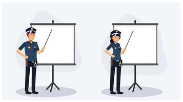 polis och polis pekar på tavlan. blank board.flat vektor 2d seriefigur illustration