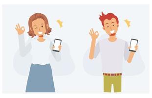 Online-Shopping-Konzept, Präsentation, Technologie, Werbung, Werbung, Kommunikation, glückliche Menschen mit Handzeichen-OK-Geste. flache Vektorgrafik 2D-Cartoon-Charakter vektor