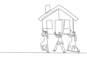enda ett linje teckning grupp av arab affärsmän och arab affärskvinna arbete tillsammans bära miniatyr- hus. lönsam fast egendom investering i de framtida. kontinuerlig linje design grafisk illustration vektor