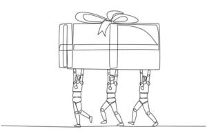 kontinuierlich einer Linie Zeichnung Gruppe von Roboter Arbeit zusammen zu Tragen Geschenk Kasten. das klügste Roboter. erfolgreich künstlich Intelligenz. gegenwärtig. Technologie. Single Linie zeichnen Design Illustration vektor