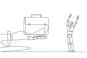 Single kontinuierlich Linie Zeichnung ein Roboter aufgeregt zu erhalten das Aktentasche von Riese Hand. Marketing Roboter. Einführung Technologie überall. Geschäft Reise. Technologie. einer Linie Design Illustration vektor