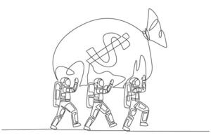 Single kontinuierlich Linie Zeichnung ein Gruppe von Astronauten Arbeit zusammen zu Tragen Geld Tasche. ein enorm erfolgreich Raum Expedition Mission. bringen maximal Gewinne. einer Linie Design Illustration vektor