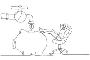 Single kontinuierlich Linie Zeichnung arabisch Geschäftsfrau sitzen entspannen auf Stuhl zu sehen Geld Wasserhahn fließen in Ersparnisse Schweinchen Bank. machen Menge von Geld. tolle Gewinne. Erfolg. einer Linie Design Illustration vektor
