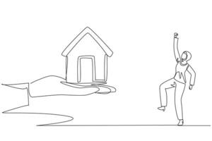 kontinuierlich einer Linie Zeichnung arabisch Geschäftsfrau aufgeregt zu erhalten Miniatur Haus von Riese Hand. Herausforderungen brauchen zu Sein besser. Investition wie Gut wie Eigentum. Single Linie zeichnen Design Illustration vektor