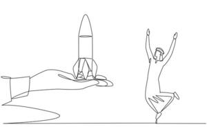kontinuierlich einer Linie Zeichnung arabisch Geschäftsmann ist glücklich zu erhalten Rakete von das Riese Hand. tolle Werdegang Errungenschaften. Neu Geschäft Ast. Erfolg. Single Linie zeichnen Design Illustration vektor