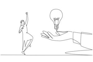 enda ett linje teckning arab affärsman är upphetsad till skaffa sig glödlampa från en jätte hand. ovärderlig gåva. innovation. brainstorming. för företag framsteg. kontinuerlig linje design grafisk illustration vektor