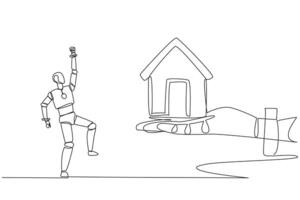 Single kontinuierlich Linie Zeichnung ein Roboter aufgeregt zu erhalten ein Miniatur Haus von Riese Hand. das Beste Technologie Produktion Haus. Zukunft künstlich Intelligenz. einer Linie Design Illustration vektor