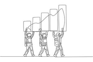 enda kontinuerlig linje teckning grupp av astronauter arbete tillsammans bära en grafisk Diagram. aktier ökade väsentligt. passionerad handla om gående på Plats expedition. ett linje design illustration vektor