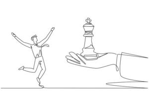 Single kontinuierlich Linie Zeichnung Geschäftsmann war aufgeregt zu erhalten König Schach Stück von Riese Hand. bekommen Unterstützung von Menschen ist wichtig zu fortsetzen das Geschäft. einer Linie Design Illustration vektor