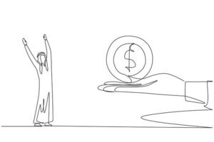 kontinuierlich einer Linie Zeichnung arabisch Geschäftsmann ist aufgeregt zu erhalten Dollar Symbol Münze von ein Riese Hand. profitabel Preise. nützlich zu halten. wagen Hauptstadt. Single Linie zeichnen Design Illustration vektor