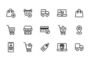 e-handel marknad ikon uppsättning. uppkopplad handla och vagn element. e-business symbol. översikt ikoner samling. vektor