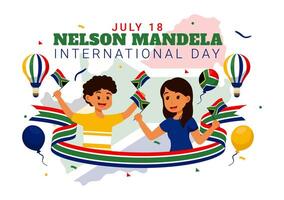 Lycklig nelson mandela internationell dag illustration på 18 juli med söder afrika flagga och band i platt tecknad serie bakgrund design vektor