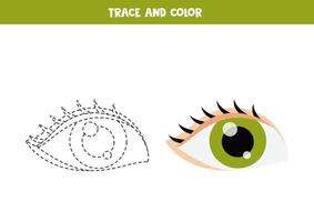 spår och Färg tecknad serie grön öga. tryckbar kalkylblad för barn. vektor