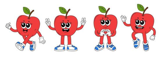 söt tecknad serie äpple karaktär i annorlunda poserar. komisk illustration av färsk sommar frukt. vektor
