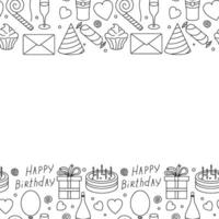 Lycklig födelsedag ram. sömlös födelsedag bakgrund. illustration med kaka, gåva låda, fest hatt, ballonger. vektor