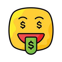 rik emoji design, girig uttryck, dollar tecken på tunga vektor