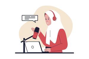Frauen Hijab reden und Aufzeichnung Audio- Podcasts oder online zeigt an vektor