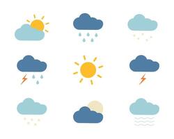 uppsättning av färgad väder prognos ikoner. moln och nederbörd. regn, snö och hagel. Sol och måne. blixt, åskväder och dimma. värma klimat. solig och varm väder. illustration. vektor