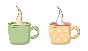 två koppar av varm dryck. par av muggar med aromatisk kaffe och frukt te. par av maträtter med cirklar. platt stil. isolerat objekt. Färg bild med översikt. illustration. vektor