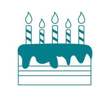 svartvit födelsedag kaka med brinnande ljus. ljuv mat. ljus med Ränder. översikt bild. turkos. isolerat objekt. platt stil. illustration. vektor