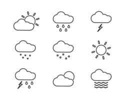 uppsättning av översikt ikoner väder prognos. Sol, moln och nederbörd. blixt, åskväder och dimma. regn, snö och hagel. solig och varm väder. värma och kall klimat. linje symboler. illustration. vektor