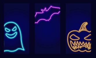 samling av webb banderoller för halloween i neon färger. spöke, fladdermus, pumpa. symboler av de Allt helgon eve Semester i de social nätverk. glöd på mörk bakgrund. Skräck och rädsla. illustration vektor