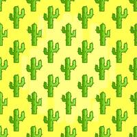 Pixel Wüste Muster mit Kakteen. stachelig Kaktus auf Gelb Hintergrund. Spiel Design. Grün Pflanze mit Nadeln auf Sand. heiß Mexiko. symmetrisch botanisch drucken. Illustration. vektor