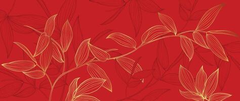 Lycklig kinesisk ny år bakgrund . lyx tapet design med löv guld linje konst på röd bakgrund. modern lyx orientalisk illustration för omslag, baner, hemsida, dekor. vektor