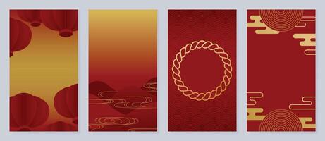 glücklich Chinesisch Neu Jahr Startseite Hintergrund . Luxus Hintergrund Design mit golden Wind, Laterne, Berg, Muster. elegant orientalisch Illustration zum Abdeckung, Banner, Webseite, Kalender, Karte. vektor