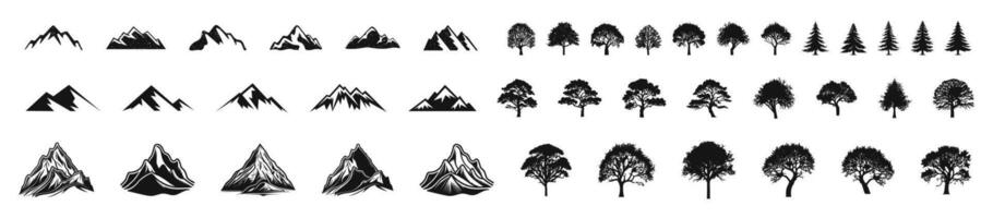 Berge und Bäume Silhouette Satz. Berg und Baum isoliert Sammlung. vektor
