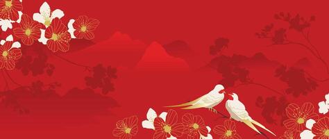 glücklich Chinesisch Neu Jahr Hintergrund . Luxus Hintergrund Design mit Chinesisch Blume, Vogel, Berg auf rot Hintergrund. modern Luxus orientalisch Illustration zum Abdeckung, Banner, Webseite, Dekor. vektor