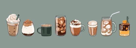 varm och kall kaffe dryck med söt klotter dekoration. espresso, americano kopp, cappuccino och latte i glasögon. illustration blandad kaffe för logotyp, annonser, befordran, marknadsföring, baner. vektor