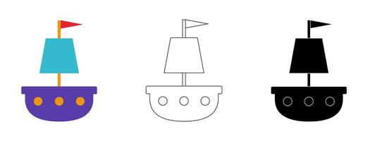 Schiff Segelboot Symbol Satz. Gliederung Kontur, farbig und schwarz Silhouette Clip Kunst isoliert auf Weiß Hintergrund. vektor