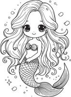 en söt tecknad serie sjöjungfru med lång hår och en bikini topp vektor