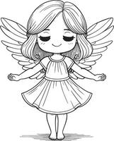 ein süß wenig Mädchen mit Flügel ist Stehen im ein Weiß Kleid vektor