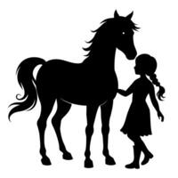 en barn stå med en häst platt silhuett vektor