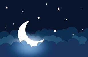 glühend Mond und sternenklar Nachtzeit Hintergrund mit Wolken im Papierschnitt Stil vektor