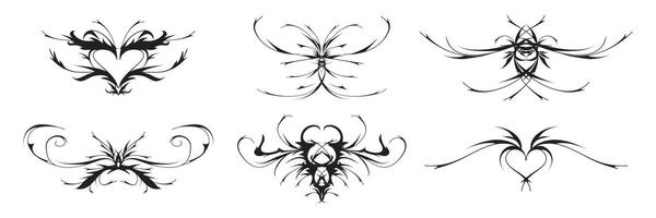 neo stam- y2k tatuering, hjärta och fjäril form, gotik pentagram get. vektor