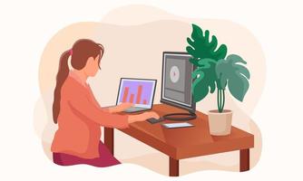 platt vektorillustration av en arbetande kvinna som använder en dator vid sitt skrivbord. perfekt för designelement från distansarbete, arbete hemifrån och onlineinlärning. vektor