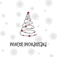 schwarze Silhouette eines Weihnachtsbaumes mit grauen Schneeflocken und roten Sternen. Frohe Weihnachten und ein glückliches neues Jahr 2022. Vektor-Illustration. Winter Wunderland. vektor