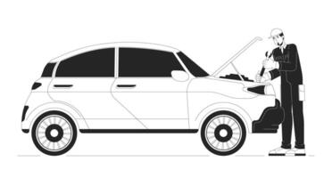 kaukasisch männlich Mechaniker reparieren Auto schwarz und Weiß Karikatur eben Illustration. jung Mann Arbeiten beim Bedienung Geschäft 2d lineart Charakter isoliert. Fahrzeug Untersuchung einfarbig Szene Gliederung Bild vektor