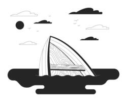 drunkning båt på flod svart och vit tecknad serie platt illustration. fartyg olycka på vatten 2d linjekonst objekt isolerat. fara av fartyg sjunkande medvetenhet svartvit scen översikt bild vektor